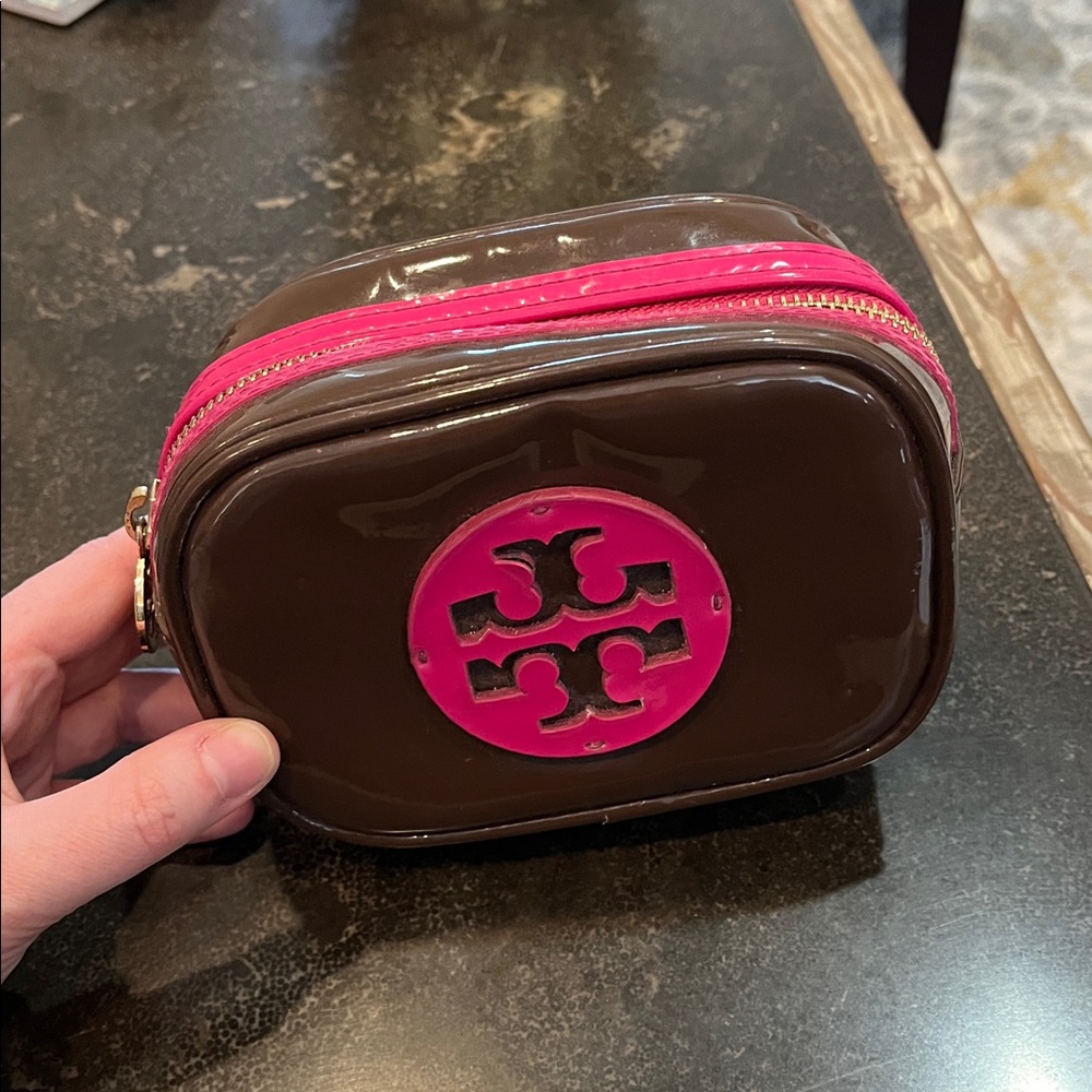 Tory Burch Chocolate Brown Pouch with Pink Logo